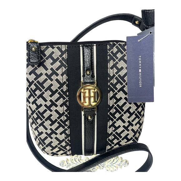 NEW Tommy Hilfiger CROSSBODY HANDBAG Black Tan Jacquard Faux Leather Logo Purse - Picture 5 of 7